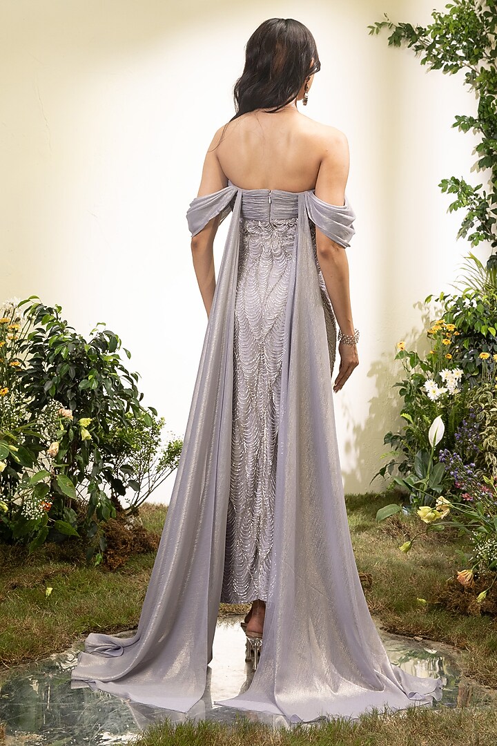 Lavender Tulle & Chiffon Off-Shoulder Pencil Party Wear Dress by Esha Sethi Thirani at Pernia's Pop Up Shop