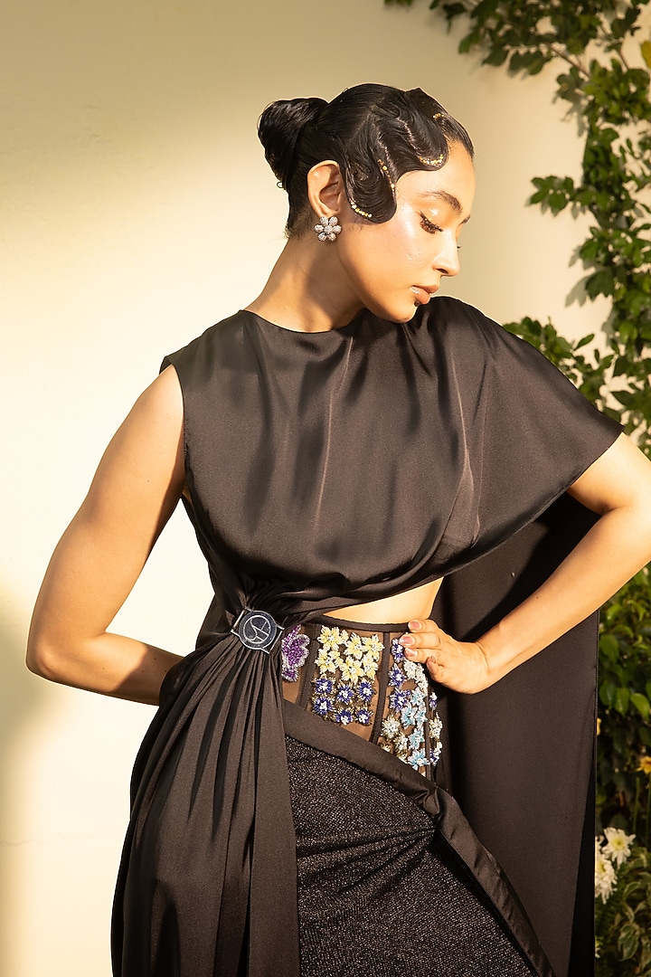 Black Satin Chainmail Skirt Set by Esha Sethi Thirani at Pernia's Pop Up Shop