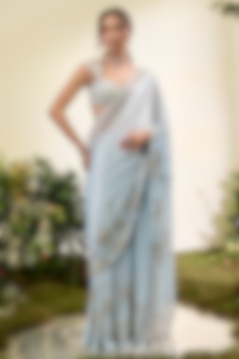 Powder Blue Chiffon Pant Bridal Saree Set by Esha Sethi Thirani at Pernia's Pop Up Shop