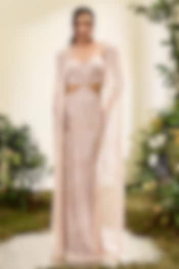 Pale Peach Tulle Beaded-Cut Bridal Gown With Cape by Esha Sethi Thirani at Pernia's Pop Up Shop