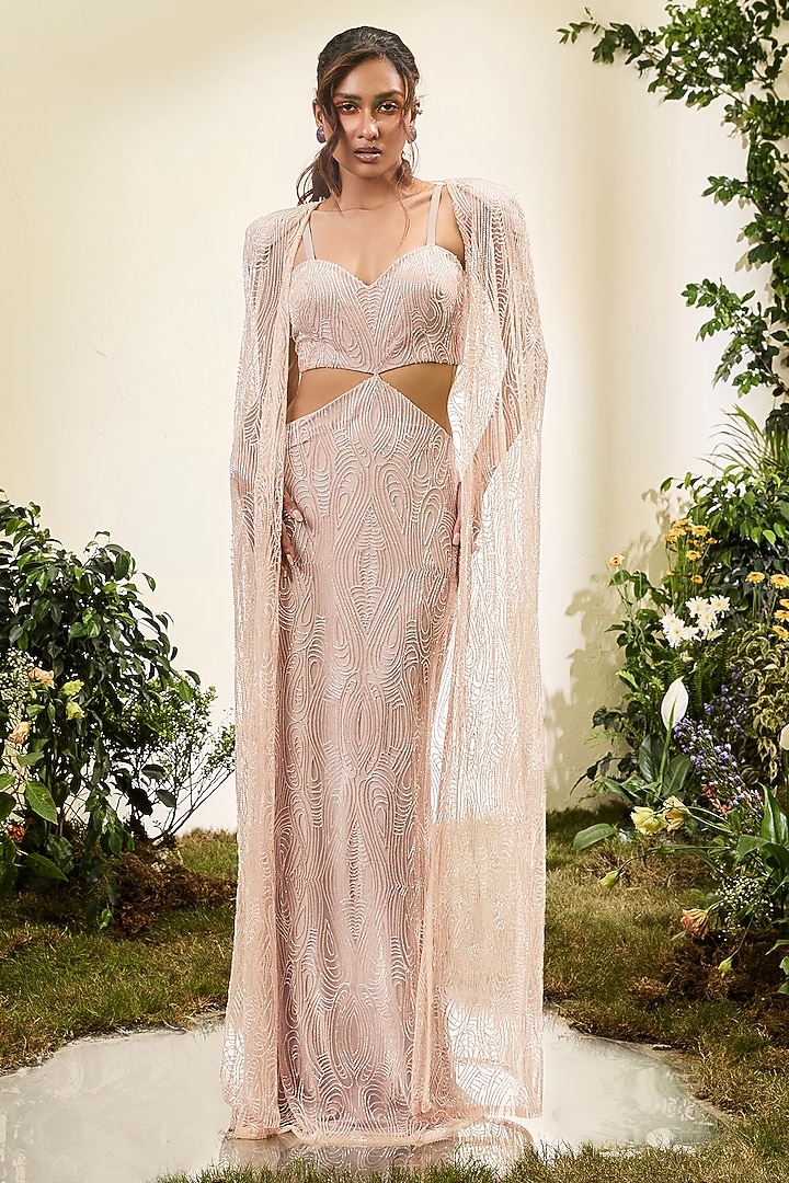Pale Peach Tulle Beaded-Cut Bridal Gown With Cape by Esha Sethi Thirani at Pernia's Pop Up Shop