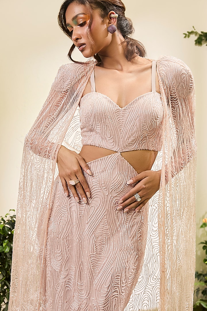 Pale Peach Tulle Beaded-Cut Bridal Gown With Cape by Esha Sethi Thirani at Pernia's Pop Up Shop