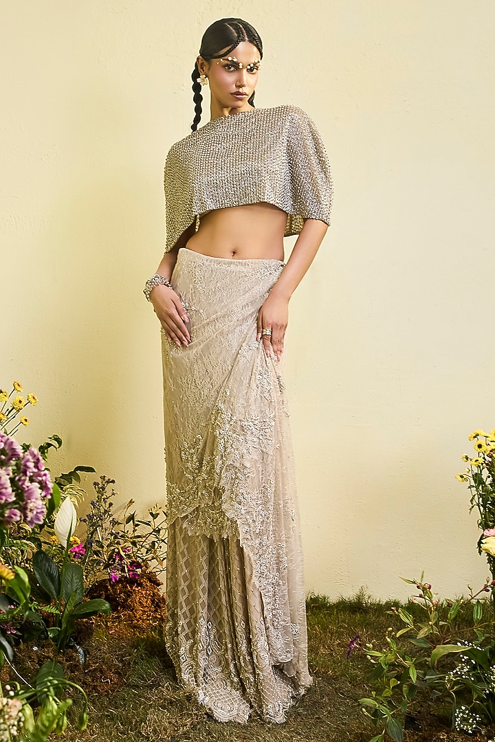 Nude Lace & Tulle Draped Skirt Bridal Saree Set by Esha Sethi Thirani at Pernia's Pop Up Shop