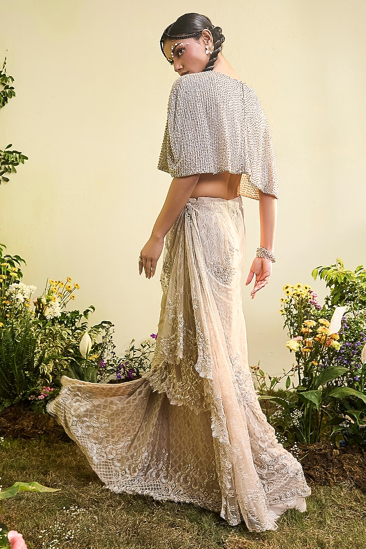 Nude Lace & Tulle Draped Skirt Bridal Saree Set by Esha Sethi Thirani at Pernia's Pop Up Shop