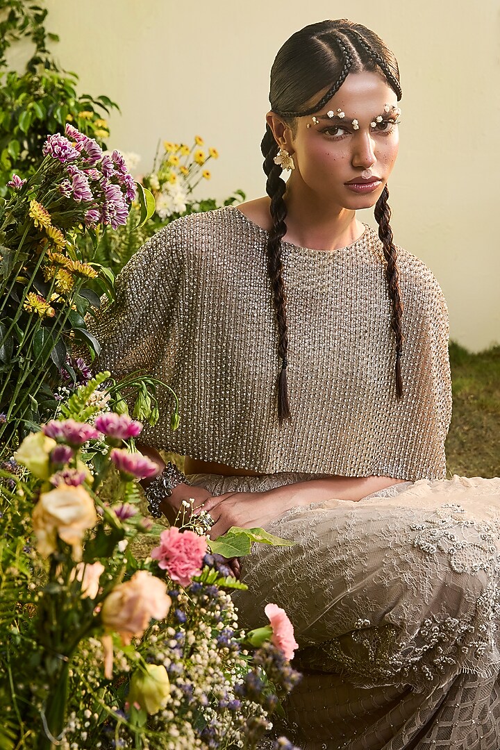 Nude Lace & Tulle Draped Skirt Bridal Saree Set by Esha Sethi Thirani at Pernia's Pop Up Shop