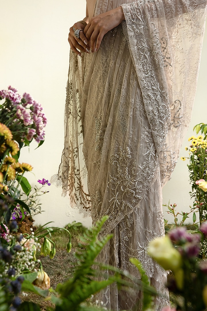 Nude Lace Pre-Stitched Draped Bridal Saree Set by Esha Sethi Thirani at Pernia's Pop Up Shop