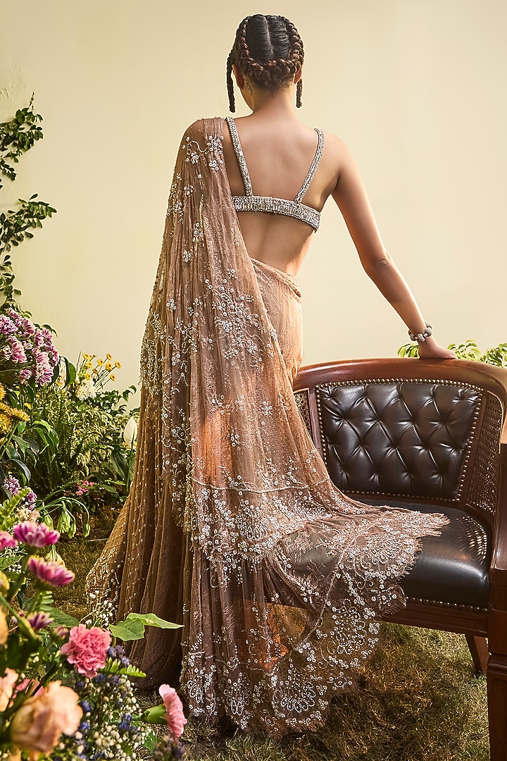 Coffee Brown Lace Pre-Stitched Bridal Saree Set by Esha Sethi Thirani at Pernia's Pop Up Shop