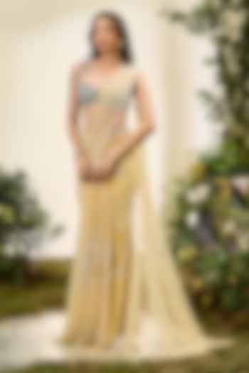 Lemon Yellow Tulle & Tissue Pre-Stitched Bridal Saree Set by Esha Sethi Thirani at Pernia's Pop Up Shop