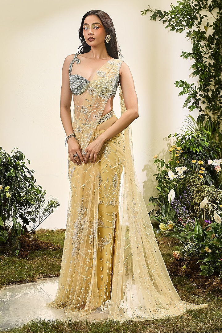 Lemon Yellow Tulle & Tissue Pre-Stitched Bridal Saree Set by Esha Sethi Thirani at Pernia's Pop Up Shop