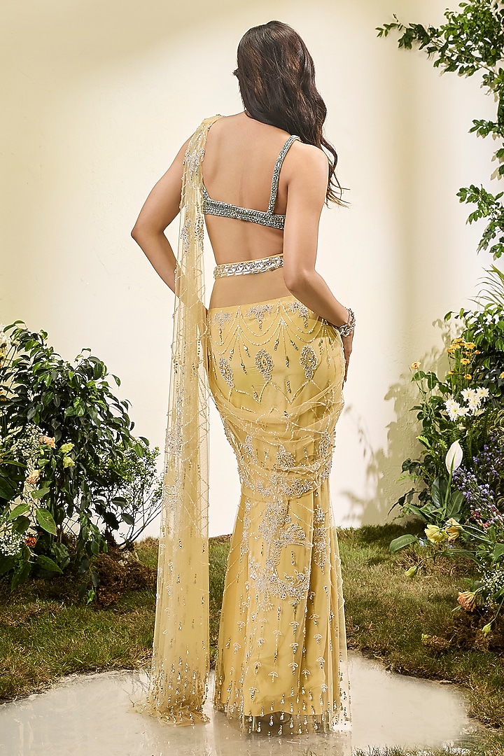 Lemon Yellow Tulle & Tissue Pre-Stitched Bridal Saree Set by Esha Sethi Thirani at Pernia's Pop Up Shop