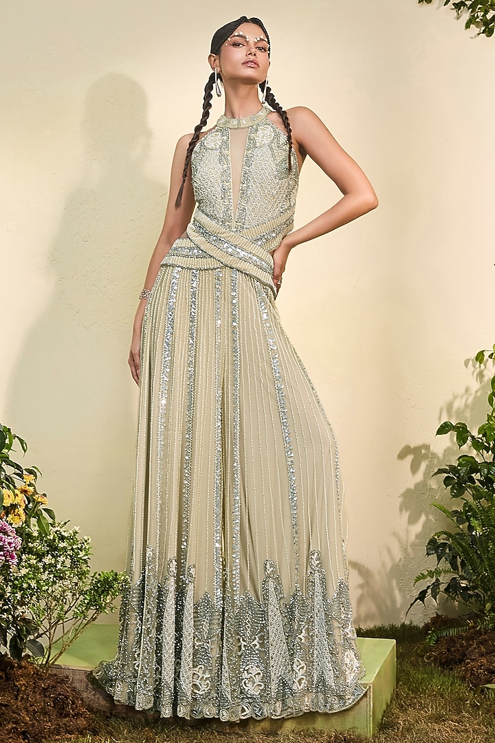 Celery Green Tulle Halter Jumpsuit by Esha Sethi Thirani at Pernia's Pop Up Shop