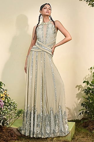 Celery Green Tulle Halter Jumpsuit by Esha Sethi Thirani