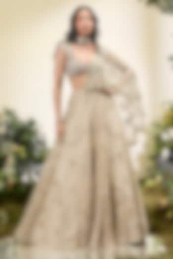 Mint Green Tulle Cutwork Bridal Lehenga Saree Set by Esha Sethi Thirani at Pernia's Pop Up Shop