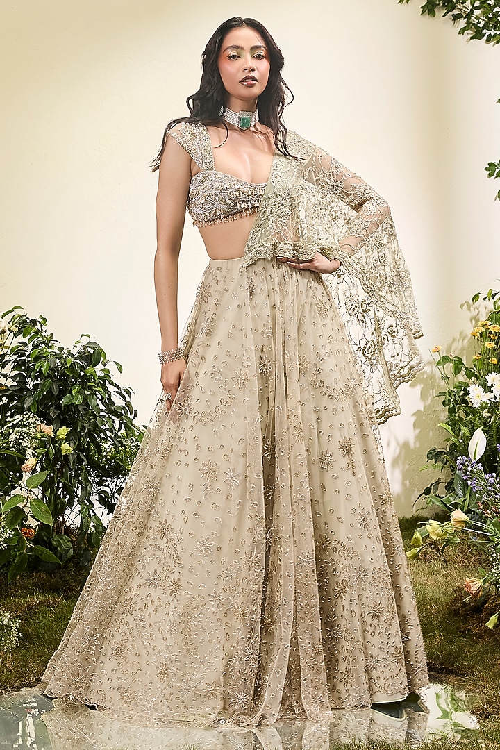 Mint Green Tulle Cutwork Bridal Lehenga Saree Set by Esha Sethi Thirani at Pernia's Pop Up Shop