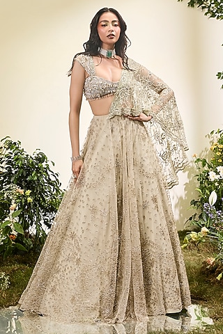 Mint Green Tulle Cutwork Lehenga Saree Set by Esha Sethi Thirani