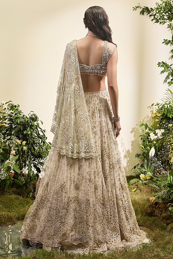 Mint Green Tulle Cutwork Bridal Lehenga Saree Set by Esha Sethi Thirani at Pernia's Pop Up Shop