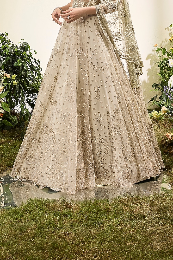 Mint Green Tulle Cutwork Bridal Lehenga Saree Set by Esha Sethi Thirani at Pernia's Pop Up Shop
