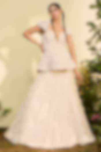 Ivory Tulle Applique Bridal Lehenga Set by Esha Sethi Thirani at Pernia's Pop Up Shop