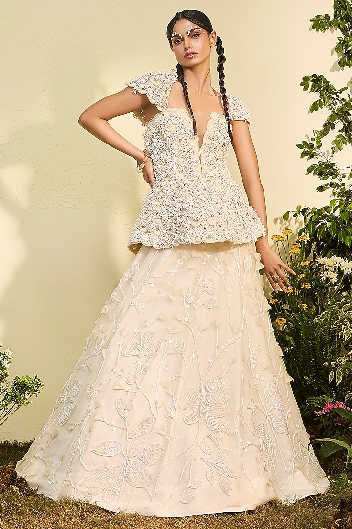 Ivory Tulle Applique Bridal Lehenga Set by Esha Sethi Thirani at Pernia's Pop Up Shop