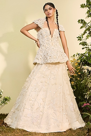Ivory Tulle Applique Lehenga Set by Esha Sethi Thirani