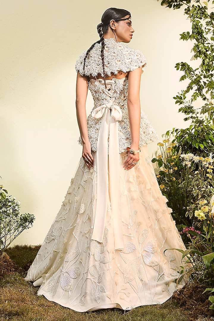 Ivory Tulle Applique Bridal Lehenga Set by Esha Sethi Thirani at Pernia's Pop Up Shop
