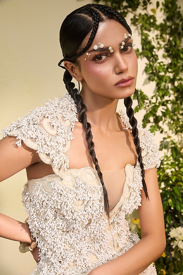 Ivory Tulle Applique Bridal Lehenga Set by Esha Sethi Thirani at Pernia's Pop Up Shop