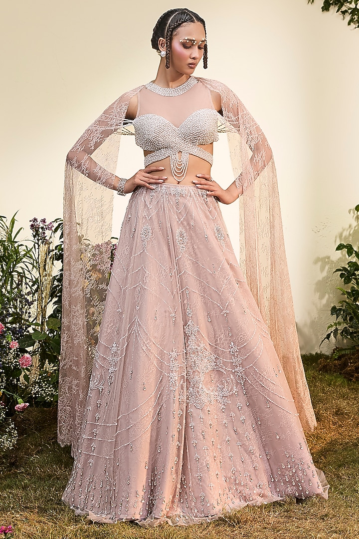 Old Rose Tulle Crystal Bridal Lehenga Set by Esha Sethi Thirani at Pernia's Pop Up Shop