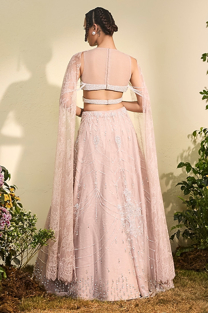 Old Rose Tulle Crystal Bridal Lehenga Set by Esha Sethi Thirani at Pernia's Pop Up Shop