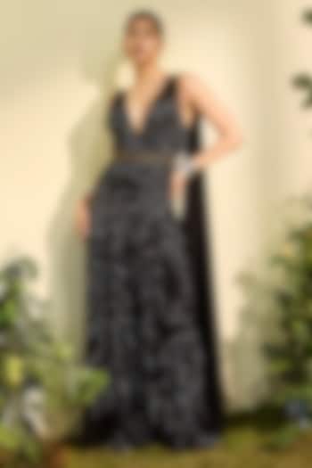 Black Tulle Hand Embroidered Cowl Jumpsuit by Esha Sethi Thirani at Pernia's Pop Up Shop