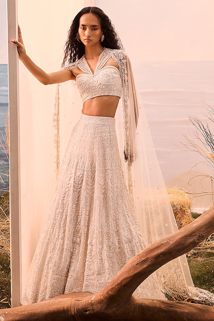 Ivory Tulle Thread Embroidered Bridal Lehenga Set by Esha Sethi Thirani at Pernia's Pop Up Shop