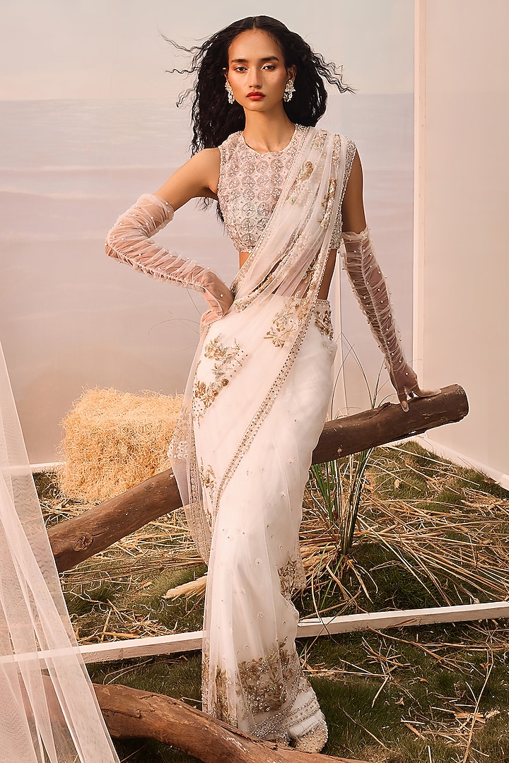 White Tulle Geometric Embroidered Pre-Stitched Saree Set by Esha Sethi Thirani at Pernia's Pop Up Shop