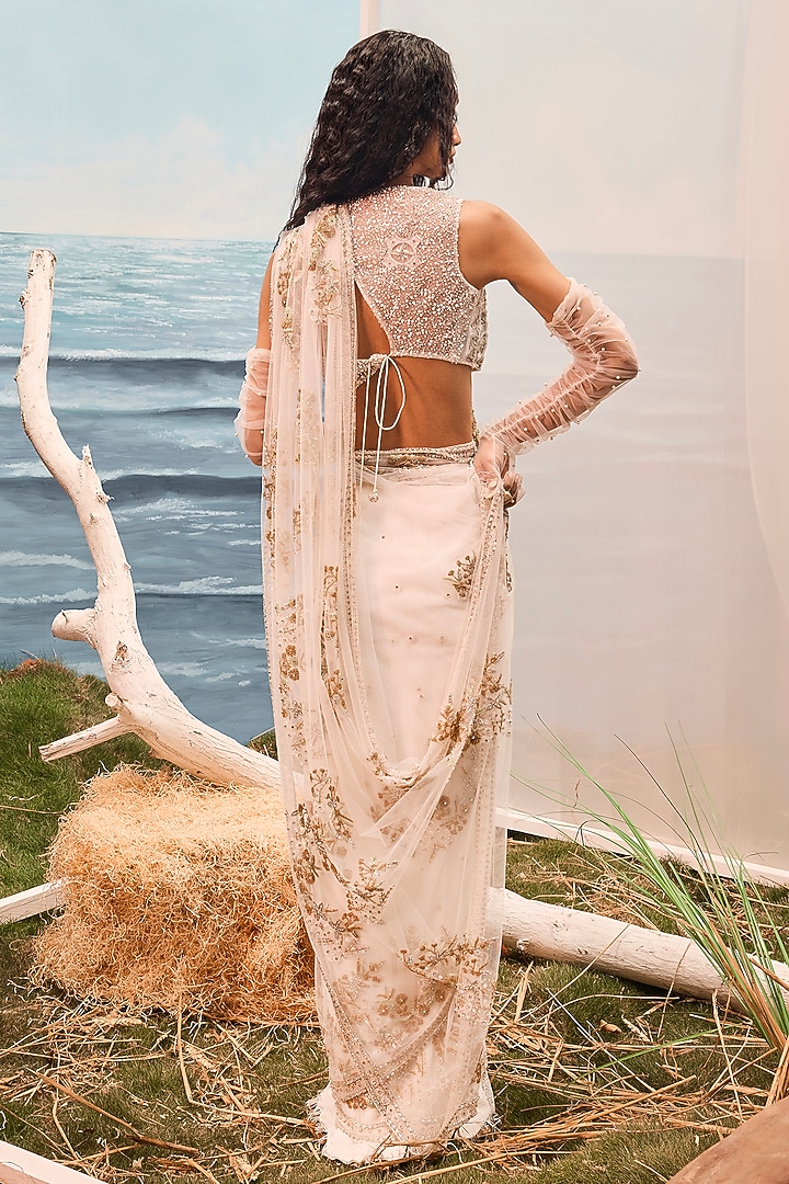 White Tulle Geometric Embroidered Pre-Stitched Reception Saree Set by Esha Sethi Thirani at Pernia's Pop Up Shop