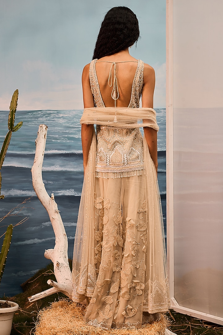 Champagne Tulle 3D Applique Embroidered Bridal Sharara Set by Esha Sethi Thirani at Pernia's Pop Up Shop