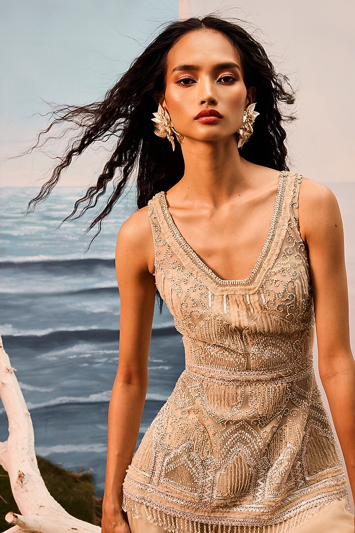 Champagne Tulle 3D Applique Embroidered Bridal Sharara Set by Esha Sethi Thirani at Pernia's Pop Up Shop