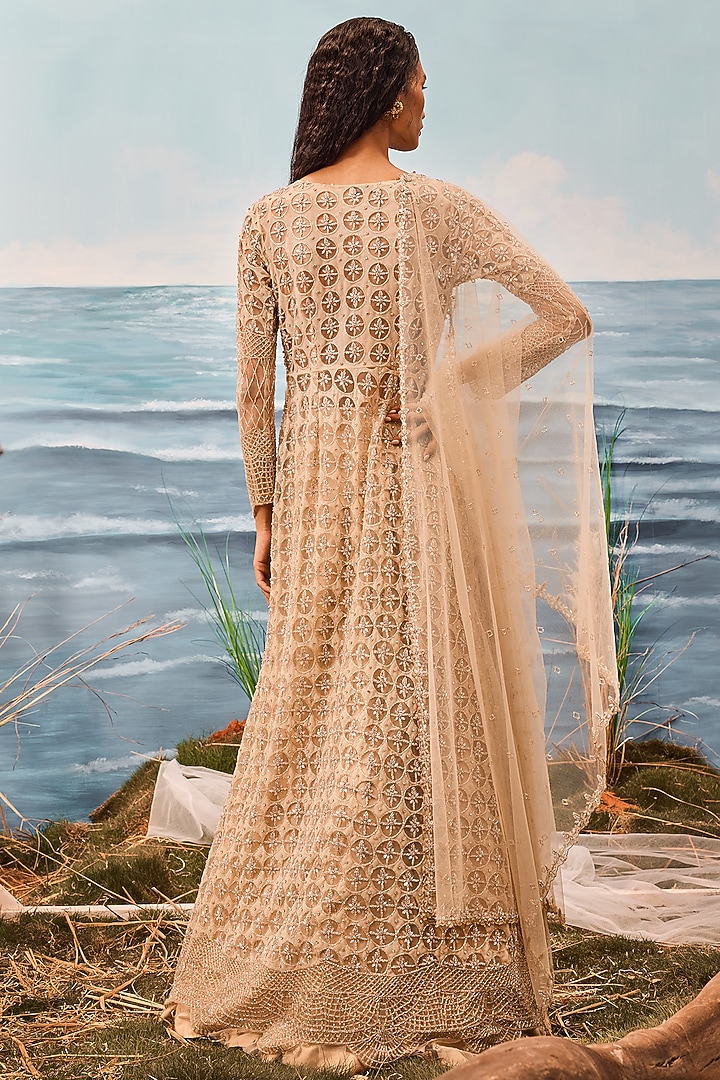 Champagne Tulle Geometric Embroidered Jacket Bridal Lehenga Set by Esha Sethi Thirani at Pernia's Pop Up Shop