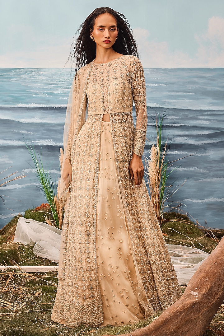 Champagne Tulle Geometric Embroidered Jacket Bridal Lehenga Set by Esha Sethi Thirani at Pernia's Pop Up Shop