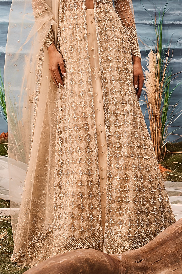 Champagne Tulle Geometric Embroidered Jacket Bridal Lehenga Set by Esha Sethi Thirani at Pernia's Pop Up Shop