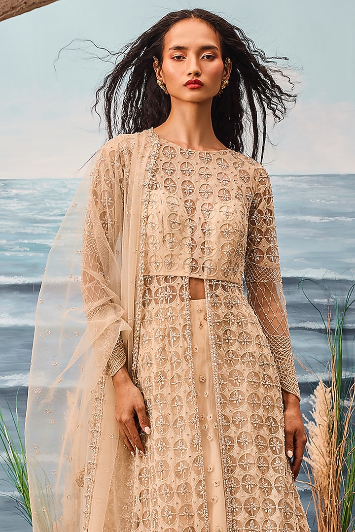 Champagne Tulle Geometric Embroidered Jacket Bridal Lehenga Set by Esha Sethi Thirani at Pernia's Pop Up Shop