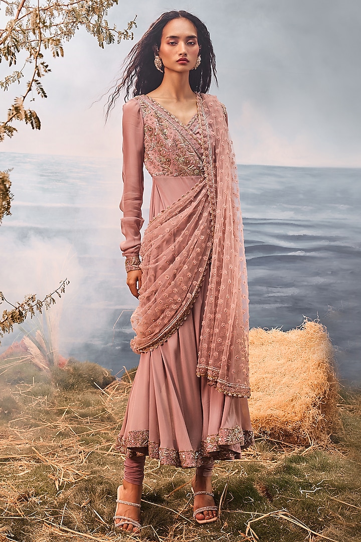 Burnt Pink Georgette 3D Floral Anarkali Set by Esha Sethi Thirani at Pernia's Pop Up Shop