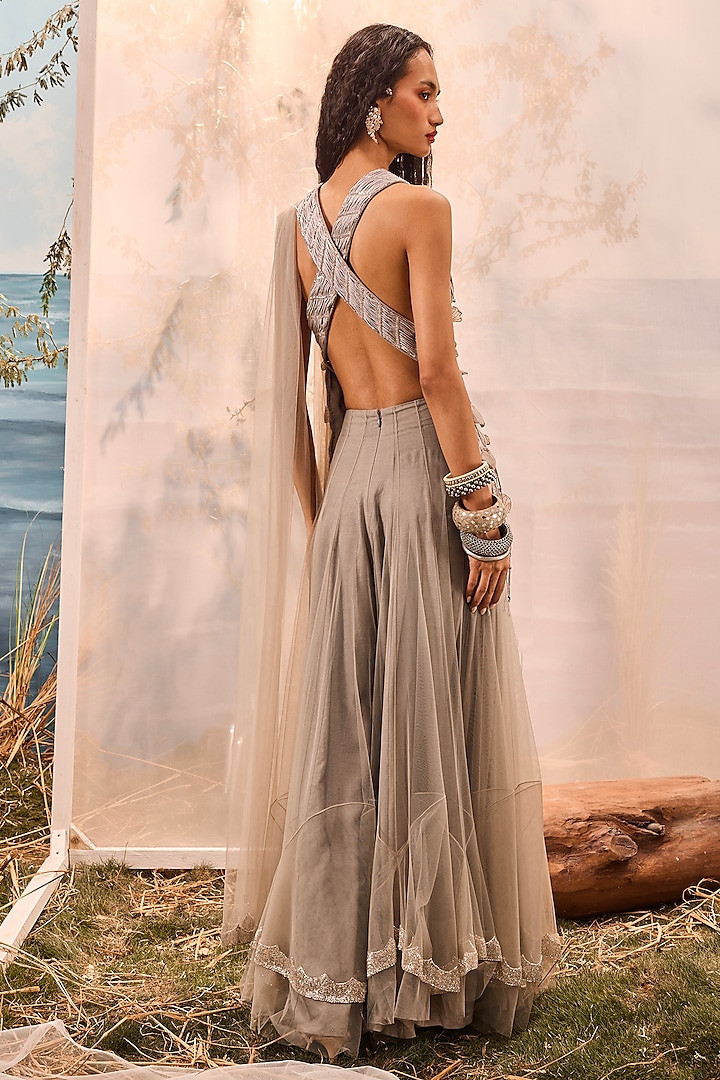 Grey Tulle Embroidered Frilled Wedding Lehenga Set by Esha Sethi Thirani at Pernia's Pop Up Shop