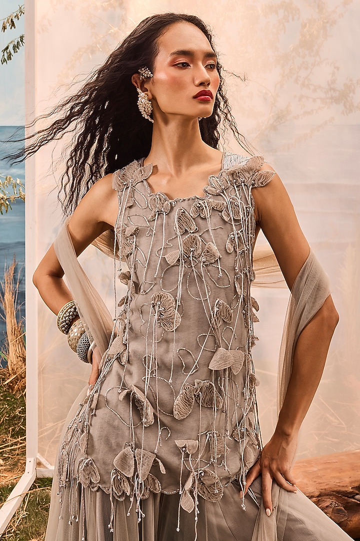 Grey Tulle Embroidered Frilled Wedding Lehenga Set by Esha Sethi Thirani at Pernia's Pop Up Shop