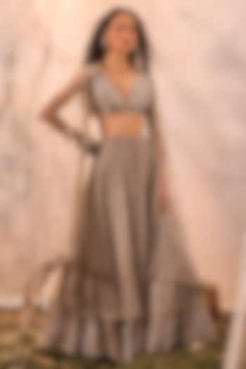 Grey Tulle 3D Floral Embroidered Bridal Lehenga Set by Esha Sethi Thirani at Pernia's Pop Up Shop