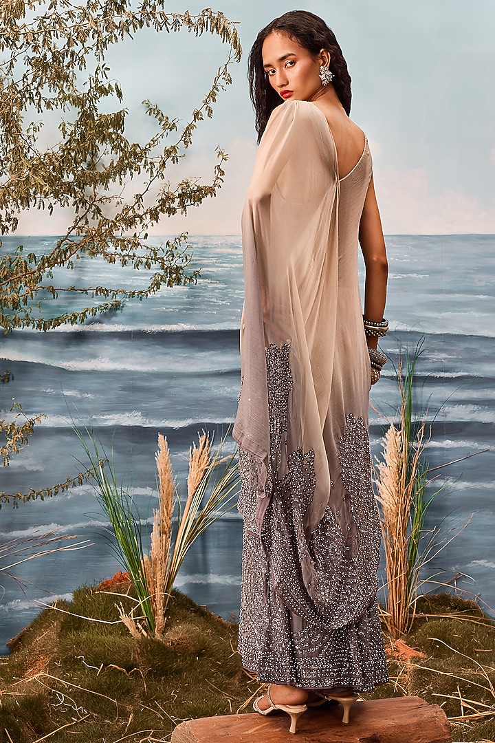 Grey Chiffon Embroidered Pre-Draped Layered Tunic Reception Saree by Esha Sethi Thirani at Pernia's Pop Up Shop