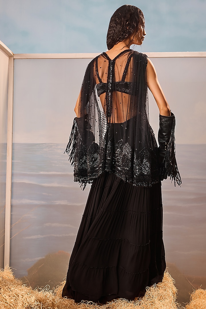 Black Georgette Embroidered Tiered Bridal Sharara Set by Esha Sethi Thirani at Pernia's Pop Up Shop