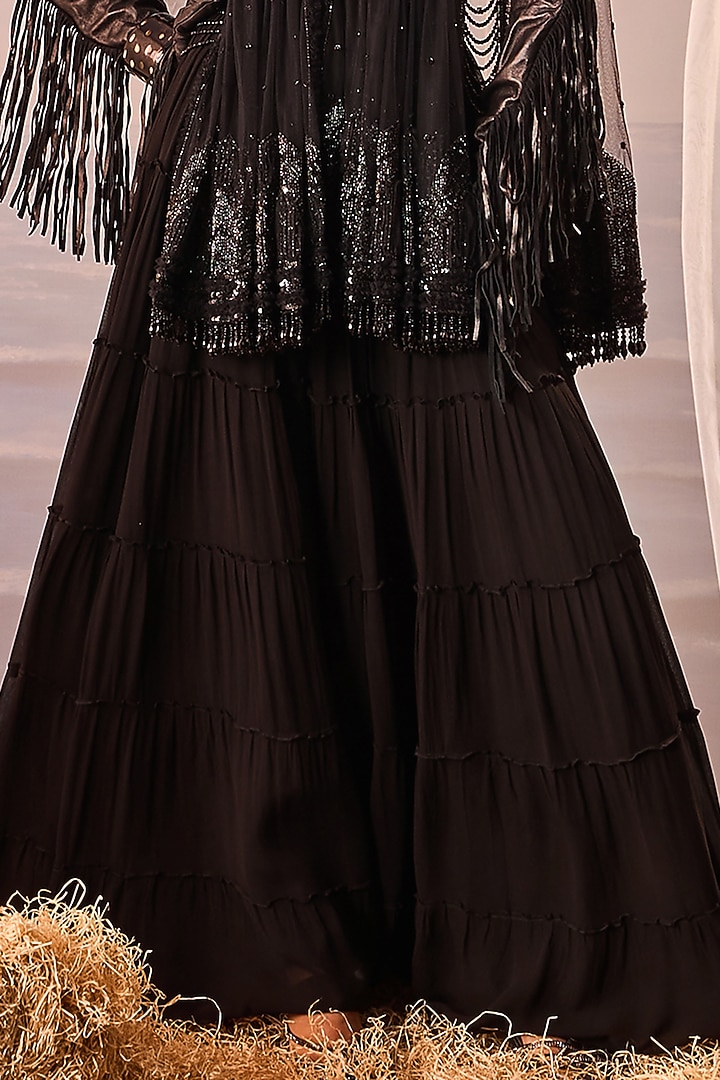 Black Georgette Embroidered Tiered Bridal Sharara Set by Esha Sethi Thirani at Pernia's Pop Up Shop