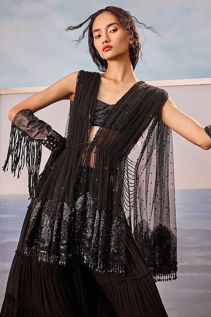 Black Georgette Embroidered Tiered Bridal Sharara Set by Esha Sethi Thirani at Pernia's Pop Up Shop