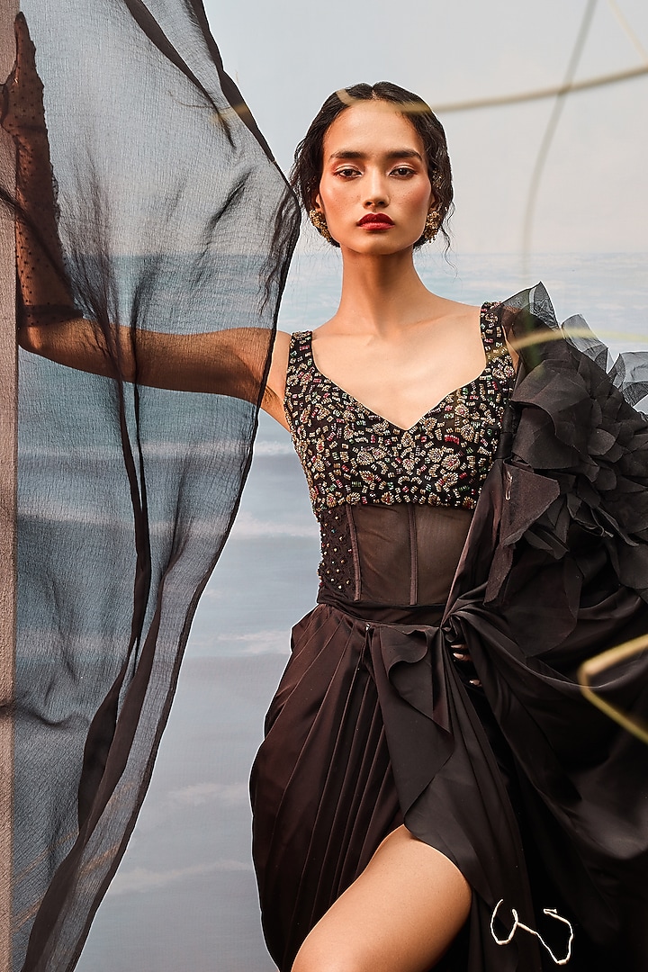 Black Satin & Lycra Embroidered Draped Reception Saree Set by Esha Sethi Thirani at Pernia's Pop Up Shop