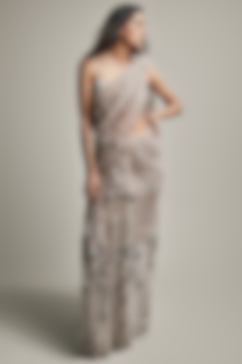 Grey Tulle Hand Embroidered Pre-Stitched Reception Saree Set by Esha Sethi Thirani at Pernia's Pop Up Shop