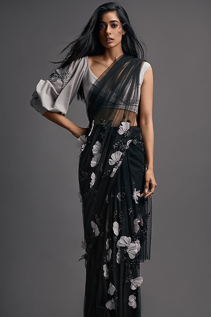 Black Hand Embroidered Pre-Stitched Saree Set by Esha Sethi Thirani