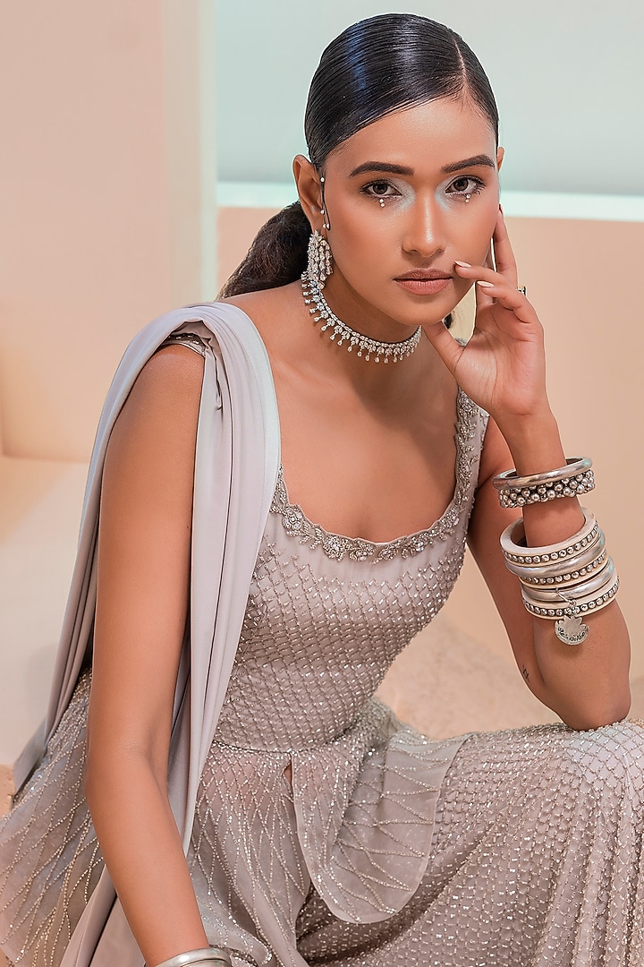 Steel Grey Organza Bridal Sharara Set by Esha Sethi Thirani at Pernia's Pop Up Shop